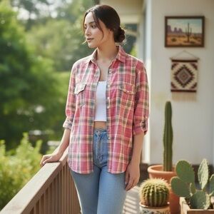 Sundance Flamingo Pink Cerulean Blue Plaid Button Down Collared Blouse